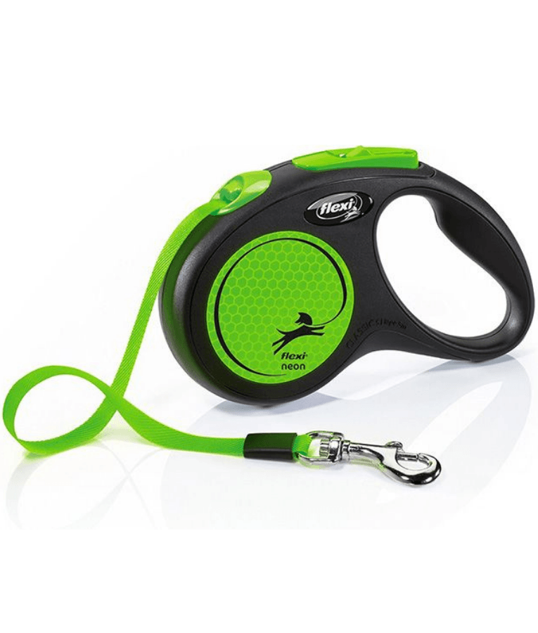 Flexi - New Reflective Neon Tape Retractable Leash - 5m Tape - Small Dogs up to 15kg - Green