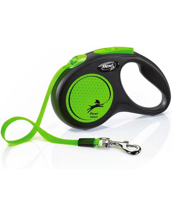 Flexi - New Neon Tape Retractable Leash, 5 m Tape, Reflective Neon Design, Small Dog - Green