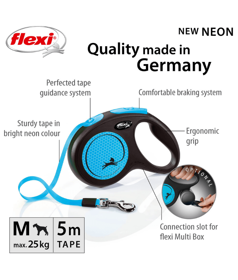 Flexi - New Reflective Neon Tape Retractable Leash - 5m Tape - Small & Medium Dogs up to 25kg - Blue