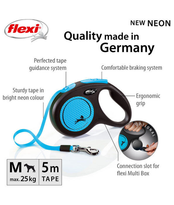 Flexi - New Neon Tape Retractable Leash, 5 m Tape, Reflective Neon Design, Small & Medium Dogs - Blue