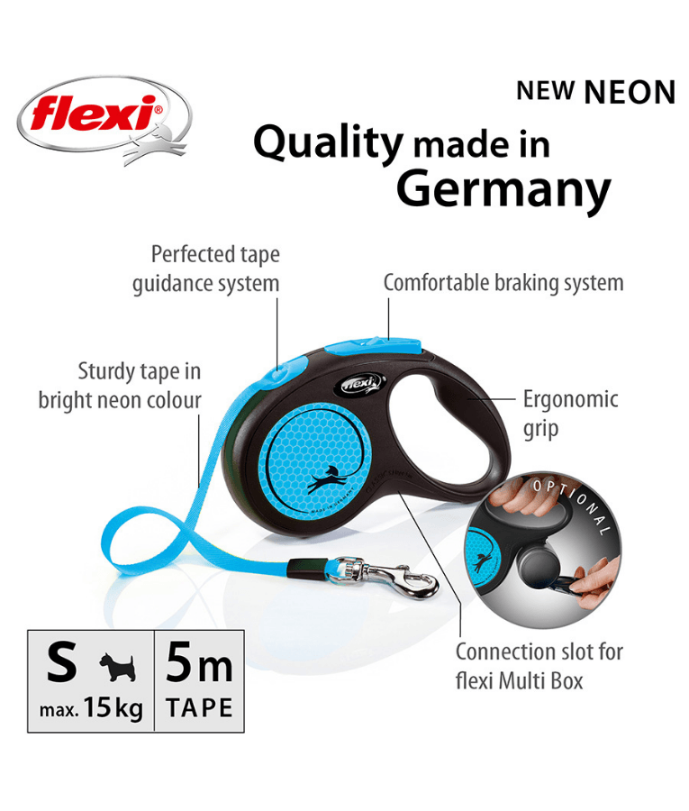 Flexi - New Reflective Neon Tape Retractable Leash - 5m Tape - Small & Medium Dogs up to 25kg - Blue