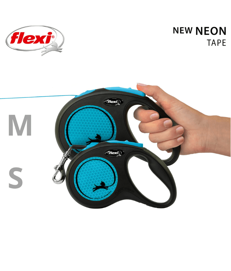 Flexi - New Reflective Neon Tape Retractable Leash - 5m Tape - Small & Medium Dogs up to 25kg - Blue