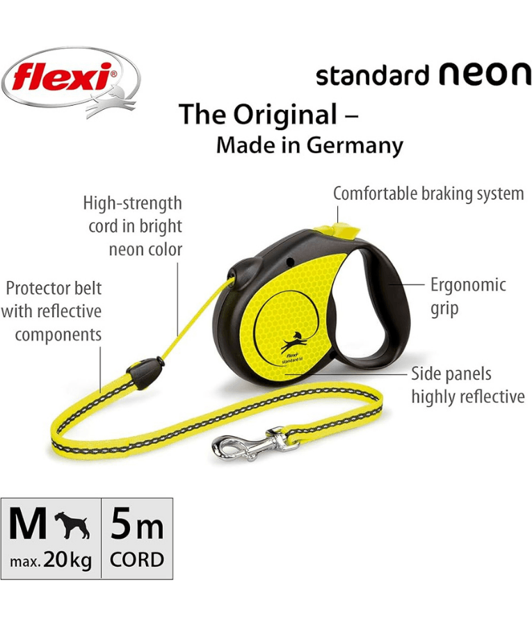 Flexi - New Reflective Neon Tape Retractable Leash - 5m Tape - S, M, L - Yellow