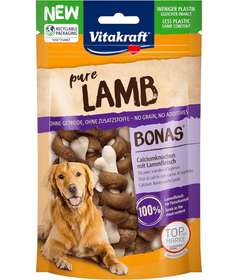 Vitakraft Pure Lamb Bonas 80g, protein-rich lamb dog treats with calcium bones for all life stages.