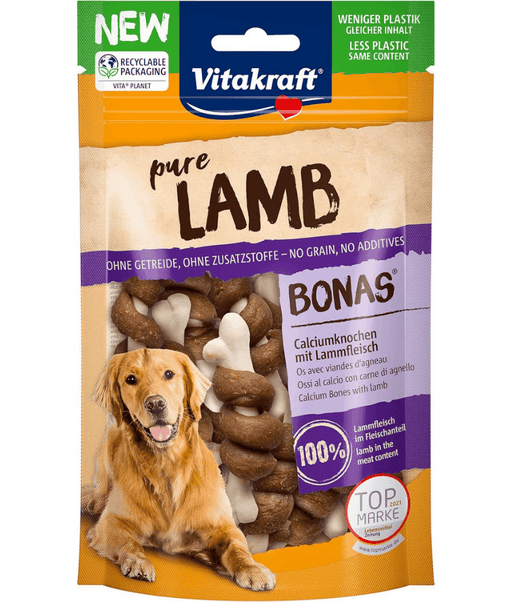 Vitakraft Pure Lamb Bonas 80g, protein-rich lamb dog treats with calcium bones for all life stages.