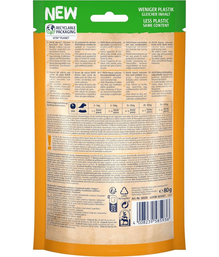 Vitakraft Pure Duck Bonas packaging featuring dog calcium bones, recyclable packaging, 80g, nutritional information.