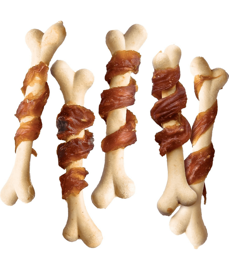 Vitakraft dog calcium bones wrapped in duck meat, high protein training treat for all dog life stages.