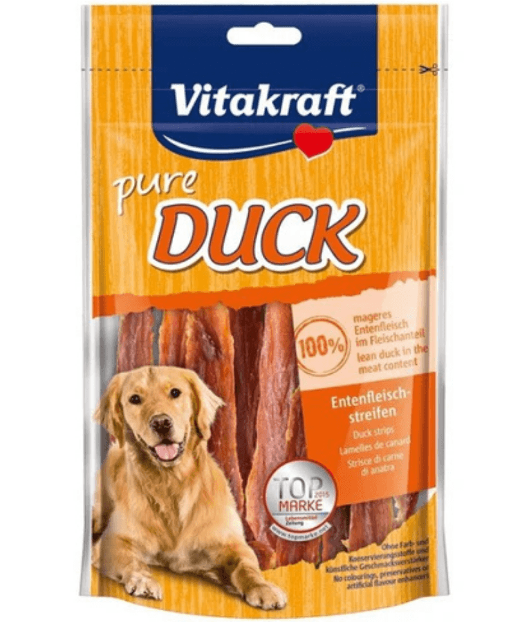 Vitakraft Pure Duck Filets for dogs, healthy dog treats with 93% duck meat, ideal for all life stages.