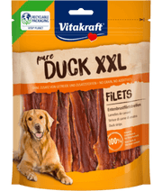 Vitakraft Pure Duck XXL Fillets packaging showcasing dog training treats for all life stages, high-protein duck meat strips.