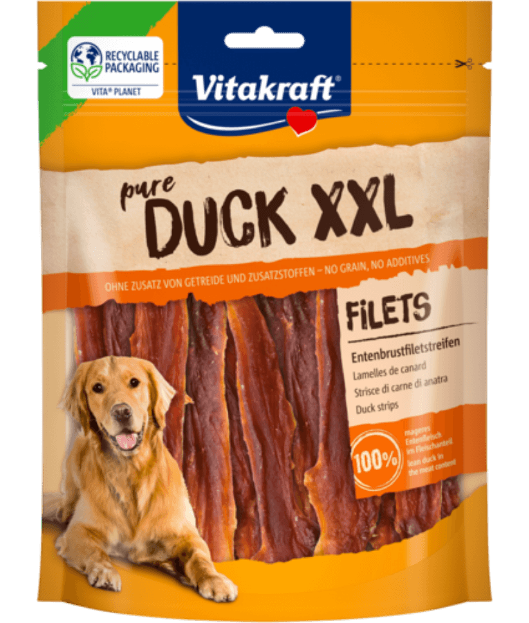 Vitakraft Pure Duck XXL Fillets packaging showcasing dog training treats for all life stages, high-protein duck meat strips.