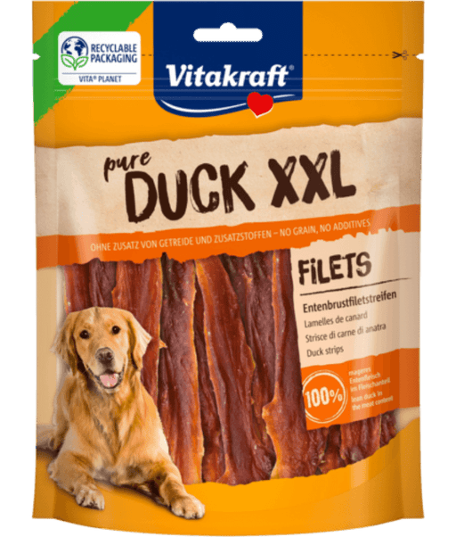 Vitakraft Pure Duck XXL Fillets packaging showcasing dog training treats for all life stages, high-protein duck meat strips.