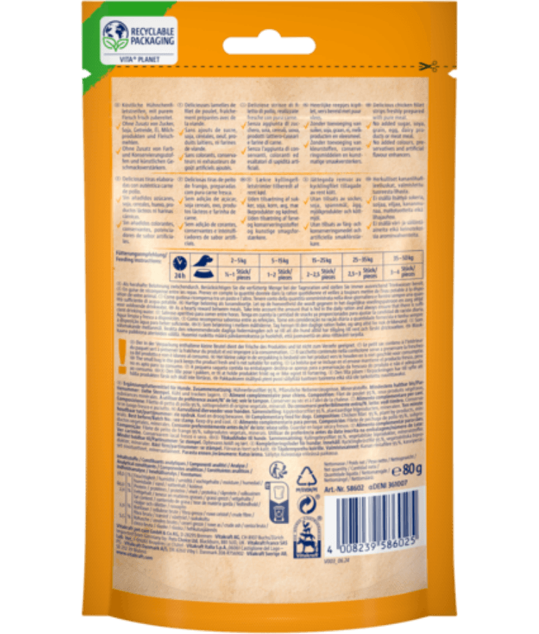 Vitakraft Pure Chicken Fillet back packaging with nutritional information, recyclable packaging for pure chicken dog food.