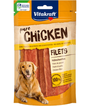 Vitakraft Pure Chicken Fillet dog treat pouch featuring 100% lean chicken meat, ideal for pure chicken dog food.