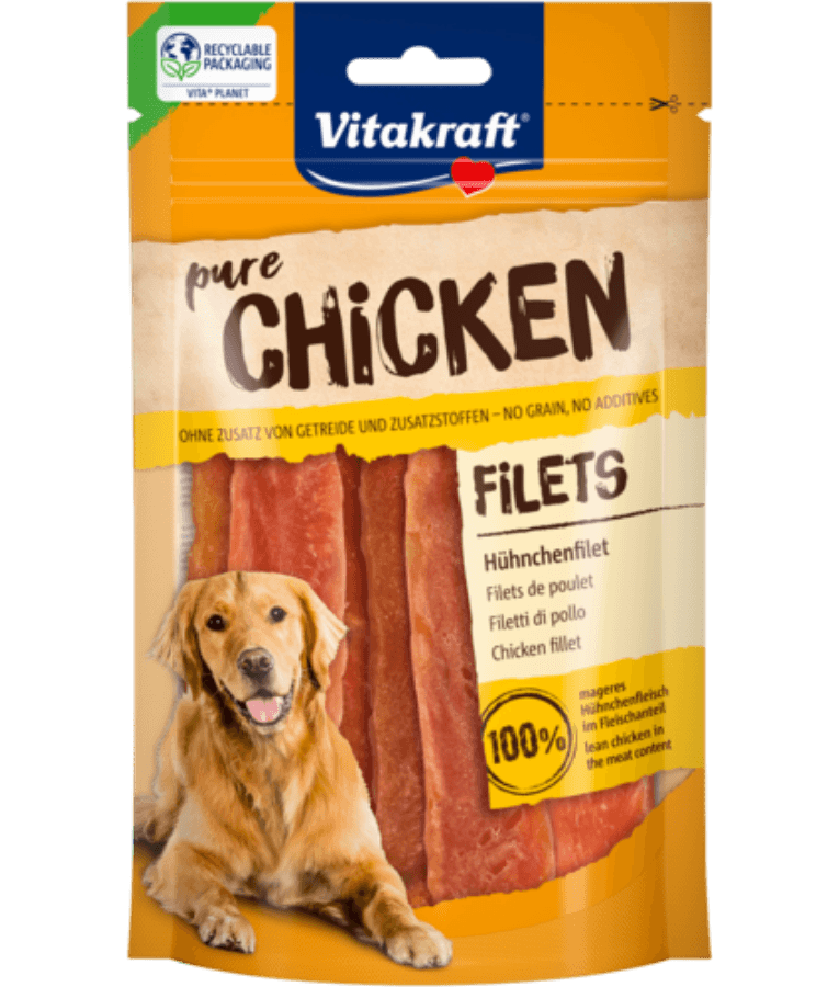 Vitakraft Pure Chicken Fillet dog treat pouch featuring 100% lean chicken meat, ideal for pure chicken dog food.
