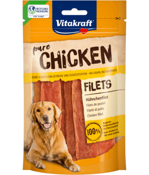 Vitakraft Pure Chicken Fillet dog treat pouch featuring 100% lean chicken meat, ideal for pure chicken dog food.