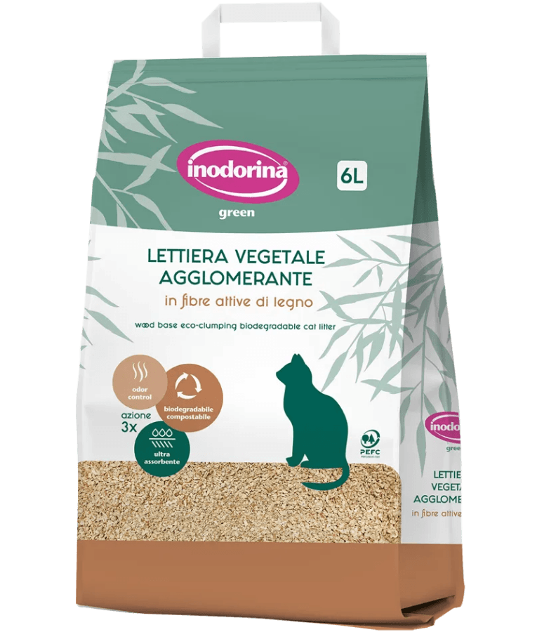 Inodorina - Green Eco Clumping Cat Litter, Wood Fiber Biodegradable & Compostable, For Cats - 6L
