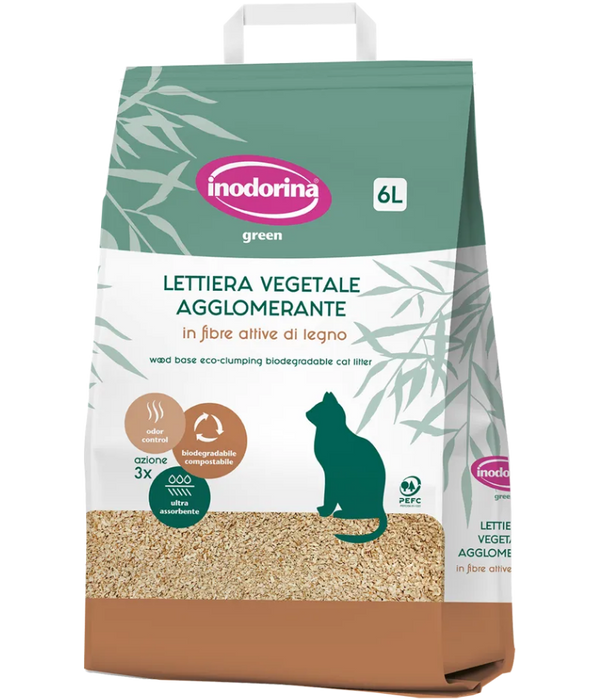 Inodorina - Green Eco Clumping Cat Litter, Wood Fiber Biodegradable & Compostable, For Cats - 6L