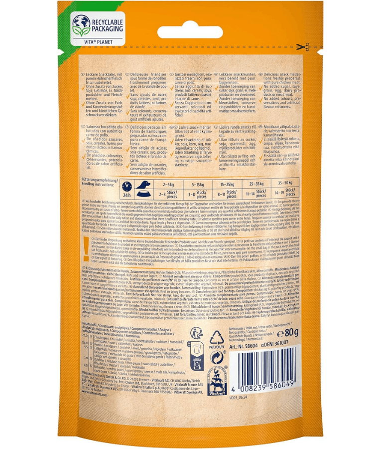 Vitakraft chicken coins packaging with detailed nutritional information and recyclable symbol, 80g.