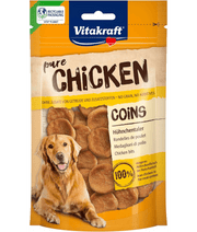 Vitakraft chicken coins dog treats with 95% chicken meat, grain-free and high-protein for dogs.
