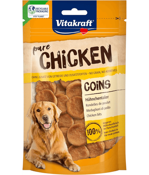 Vitakraft chicken coins dog treats with 95% chicken meat, grain-free and high-protein for dogs.