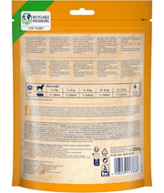 Back of Vitakraft Pure Chicken XXL Fillets 250g packaging, showing ingredients and feeding guidelines for premium dog food.
