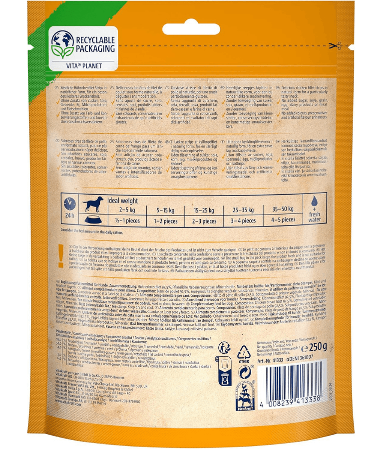 Back of Vitakraft Pure Chicken XXL Fillets 250g packaging, showing ingredients and feeding guidelines for premium dog food.