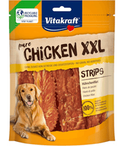 Vitakraft Pure Chicken XXL Fillets package with dog, premium dog food, grain-free high-protein treat for pets.