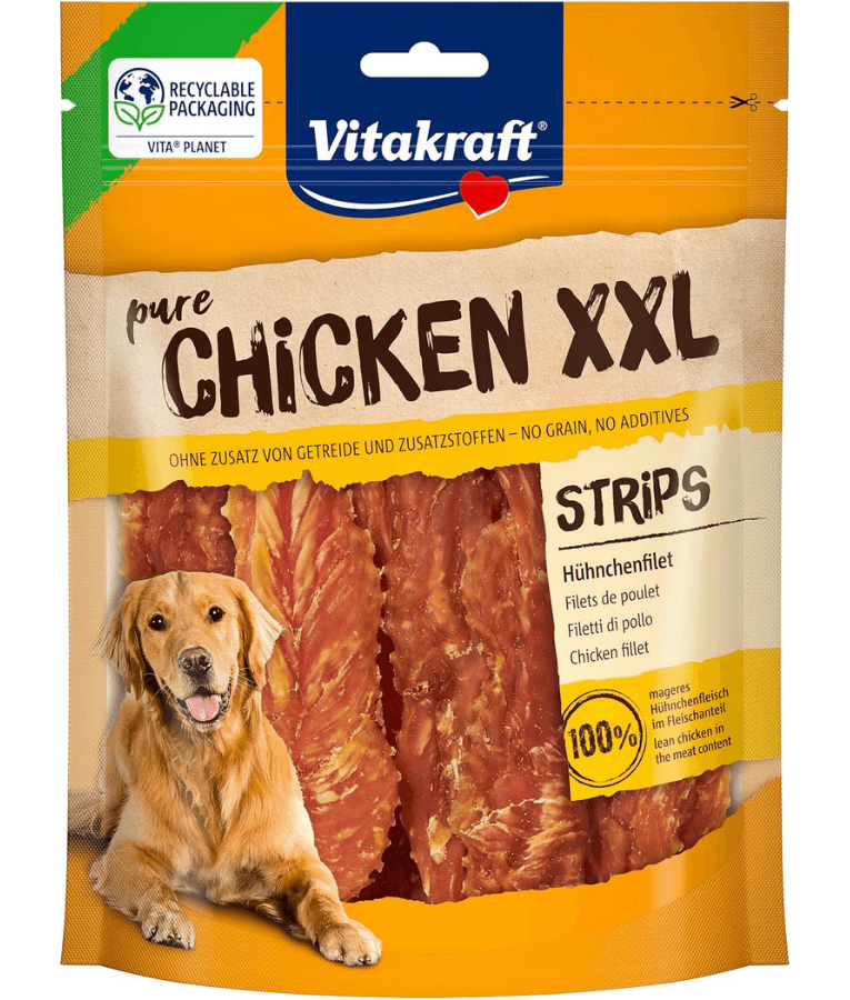 Vitakraft Pure Chicken XXL Fillets package with dog, premium dog food, grain-free high-protein treat for pets.