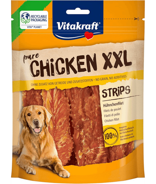 Vitakraft Pure Chicken XXL Fillets package with dog, premium dog food, grain-free high-protein treat for pets.
