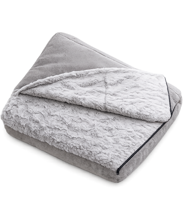 PawComfort - Plush Pet Cushion Bed, Grey Fabric & Faux Fur, Soft Comfortable Pet Bed - 66 x 53 x 12 cm