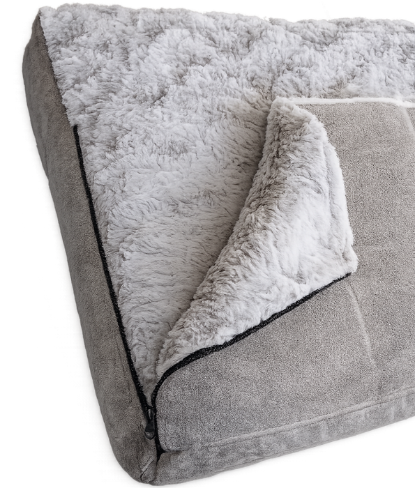 PawComfort - Plush Pet Cushion Bed, Grey Fabric & Faux Fur, Soft Comfortable Pet Bed - 66 x 53 x 12 cm
