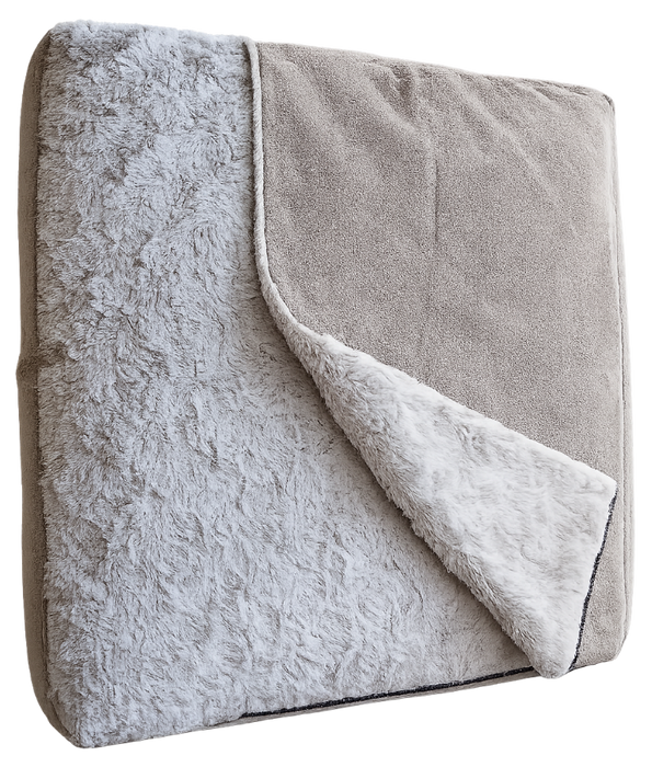 PawComfort - Plush Pet Cushion Bed, Grey Fabric & Faux Fur, Soft Comfortable Pet Bed - 66 x 53 x 12 cm