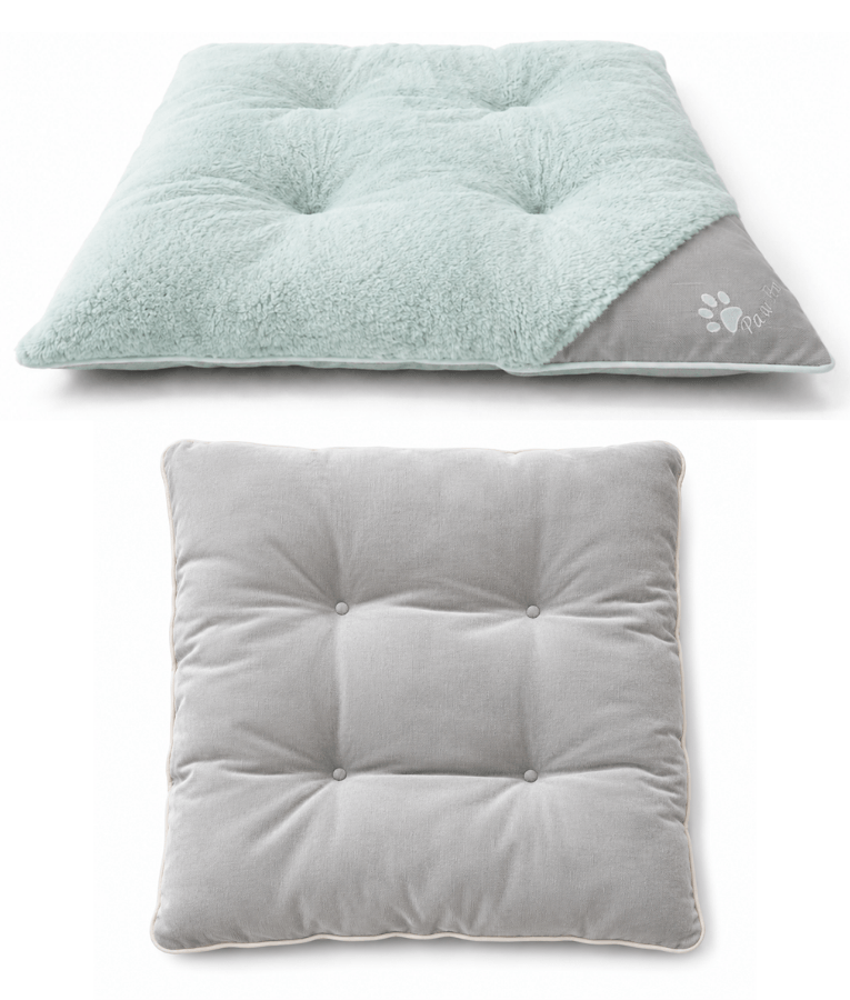 King Queen - Paw Prints Plush Pet Bed Mat, Soft Comfort, Non-Removable Washable Cover - 80 × 62 × 7 cm - Beige - Light Grey - Greige