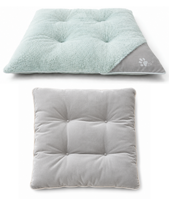 King Queen - Paw Prints Plush Pet Bed Mat, Soft Comfort, Non-Removable Washable Cover - 80 × 62 × 7 cm - Beige - Light Grey - Greige
