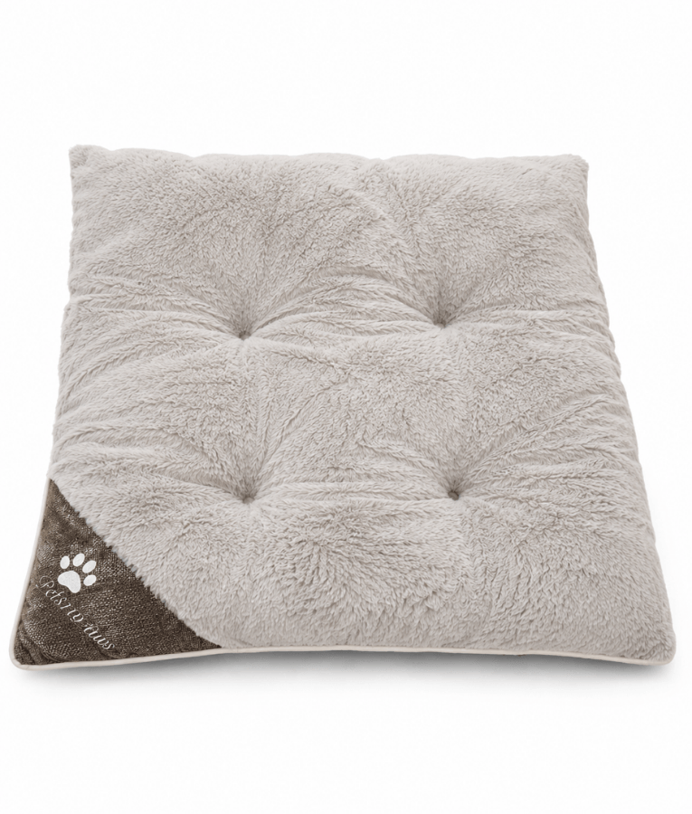 King Queen - Paw Prints Plush Pet Bed Mat, Soft Comfort, Non-Removable Washable Cover - 80 × 62 × 7 cm - Beige - Light Grey - Greige