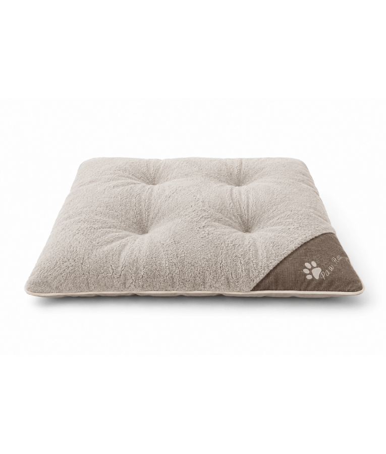 King Queen - Paw Prints Plush Pet Bed Mat, Soft Comfort, Non-Removable Washable Cover - 80 × 62 × 7 cm - Beige - Light Grey - Greige