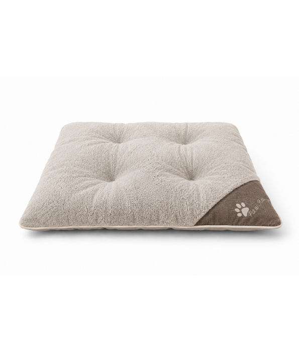 King Queen - Paw Prints Plush Pet Bed Mat, Soft Comfort, Non-Removable Washable Cover - 80 × 62 × 7 cm - Beige - Light Grey - Greige