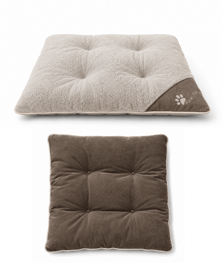 King Queen - Paw Prints Plush Pet Bed Mat, Soft Comfort, Non-Removable Washable Cover - 80 × 62 × 7 cm - Beige - Light Grey - Greige