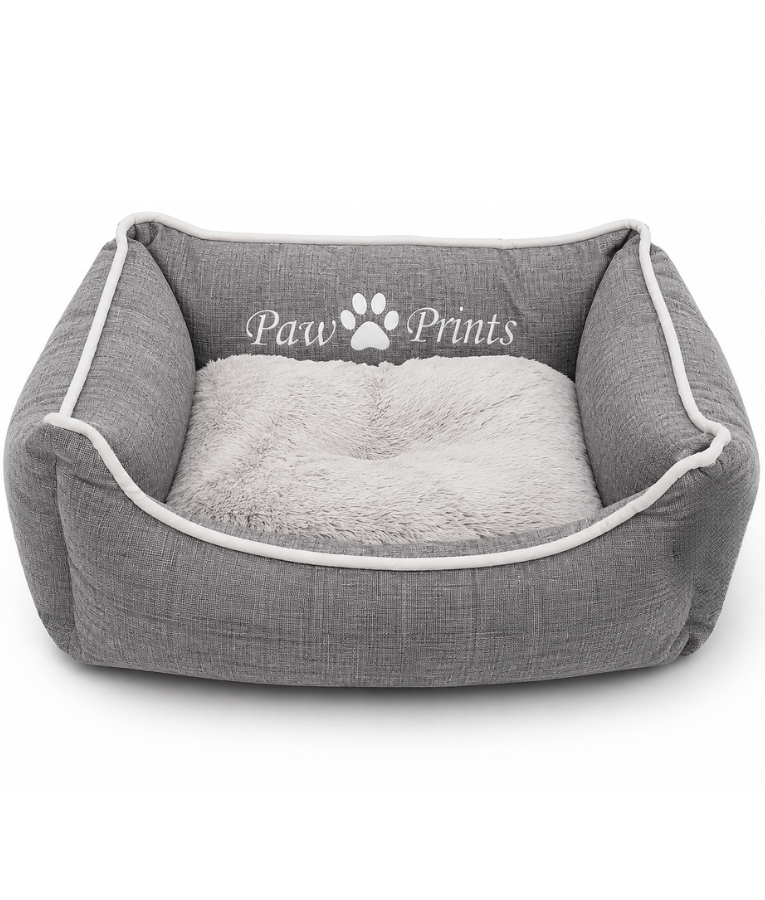 King Queen - Cozy Plush Pet Bed, Raised Supportive Sides - 45 x 35 x 18 cm - Grey - Beige