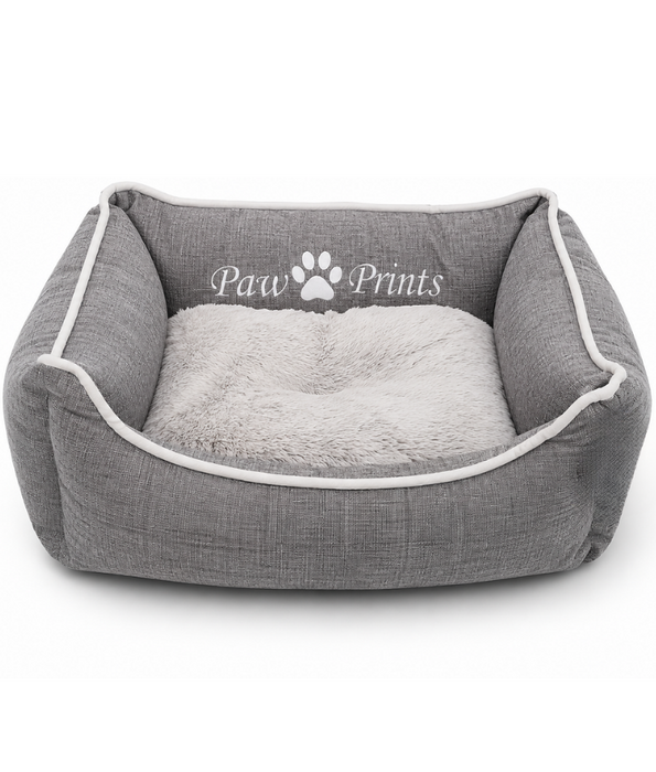 King Queen - Cozy Plush Pet Bed, Raised Supportive Sides - 45 x 35 x 18 cm - Grey - Beige
