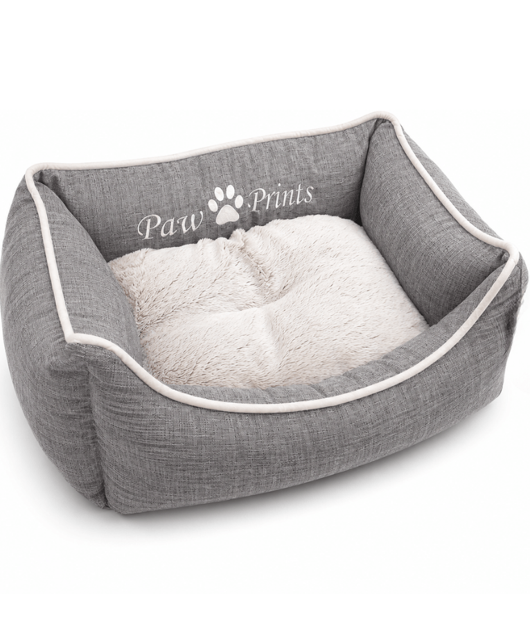King Queen - Cozy Plush Pet Bed, Raised Supportive Sides - 45 x 35 x 18 cm - Grey - Beige