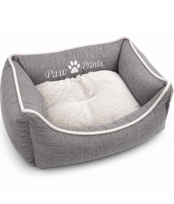 King Queen - Cozy Plush Pet Bed, Raised Supportive Sides - 45 x 35 x 18 cm - Grey - Beige