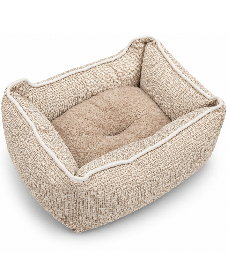 King Queen - Cozy Plush Pet Bed, Raised Supportive Sides - 45 x 35 x 18 cm - Grey - Beige