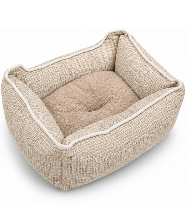 King Queen - Cozy Plush Pet Bed, Raised Supportive Sides - 45 x 35 x 18 cm - Grey - Beige