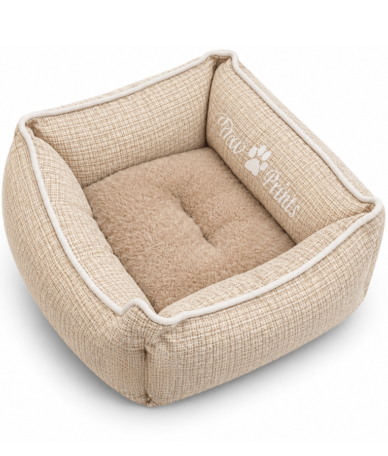 King Queen - Cozy Plush Pet Bed, Raised Supportive Sides - 45 x 35 x 18 cm - Grey - Beige