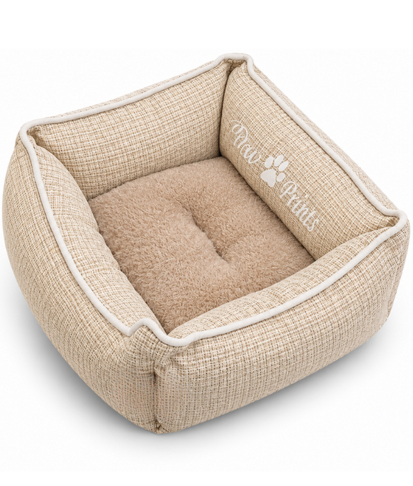 King Queen - Cozy Plush Pet Bed, Raised Supportive Sides - 45 x 35 x 18 cm - Grey - Beige