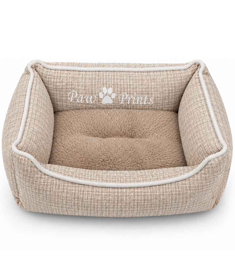 King Queen - Cozy Plush Pet Bed, Raised Supportive Sides - 45 x 35 x 18 cm - Grey - Beige