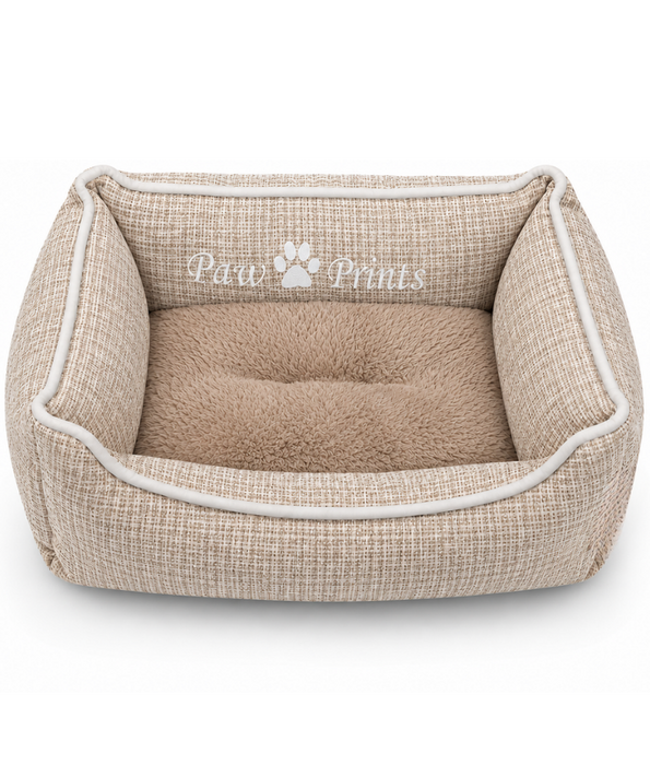 King Queen - Cozy Plush Pet Bed, Raised Supportive Sides - 45 x 35 x 18 cm - Grey - Beige