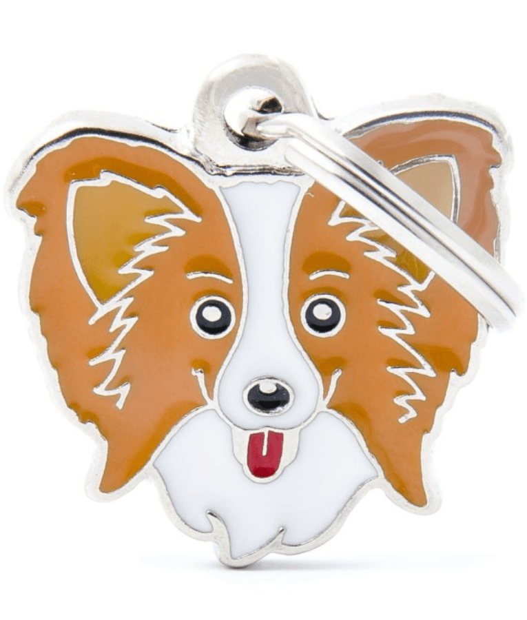 My Family - Brown & White Papillon Face ID Tag, Personalized Engraving, For Dogs - 2.3cm