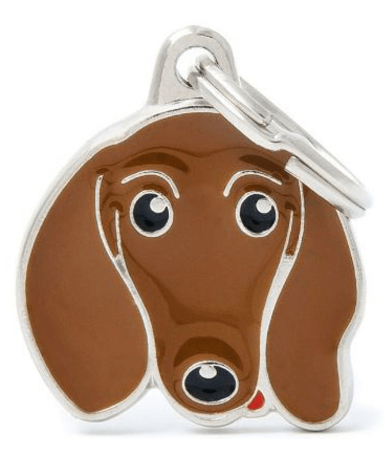 My Family - Brown Dachshund Face ID Tag, Personalized Engraving, For Dogs - 2.5 x 2.3cm